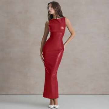 XLLAIS Women's Faux PU Leather Bodycon Maxi Dress Sexy Boatneck Tank Long Dresses (Red, Medium)