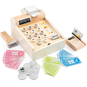 New Classic Toys Wooden Cash Register - Fun Learning Toy with Play Money and Scanner