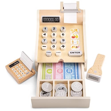 Wooden Cash Register with Play Money and Scanner