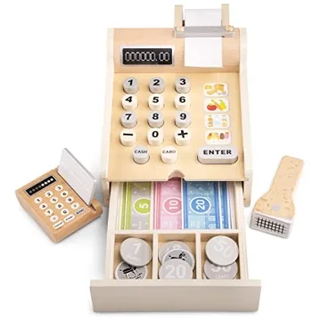 Wooden Cash Register with Play Money and Scanner