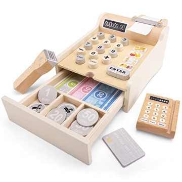 Wooden Cash Register with Play Money and Scanner