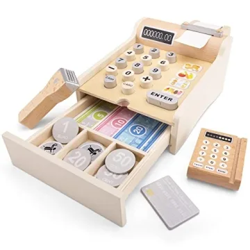 Wooden Cash Register with Play Money and Scanner