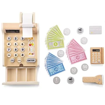 Wooden Cash Register with Play Money and Scanner