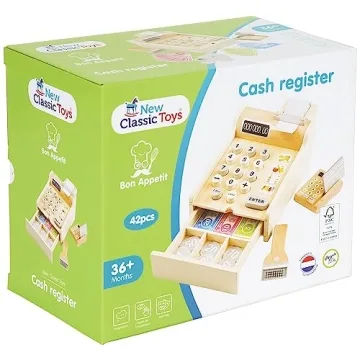 Wooden Cash Register with Play Money and Scanner