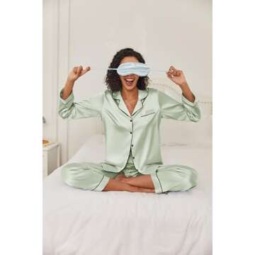 Ekouaer Women's Classic Button Down Long Satin Silk Pajama Set，Large，Celadon