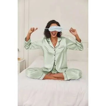 Ekouaer Women's Classic Button Down Long Satin Silk Pajama Set，Large，Celadon