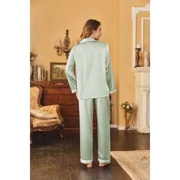 Ekouaer Women's Classic Button Down Long Satin Silk Pajama Set，Large，Celadon