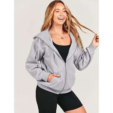 Caracilia Womens Zip Up Hoodies Oversized Long Sleeve Sweatshirts Casual Y2K Hoodie 2024 Fall Jacket with Pockets Light Grey Large