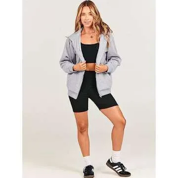 Caracilia Womens Zip Up Hoodies Oversized Long Sleeve Sweatshirts Casual Y2K Hoodie 2024 Fall Jacket with Pockets Light Grey Large