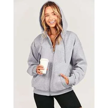 Caracilia Womens Zip Up Hoodies Oversized Long Sleeve Sweatshirts Casual Y2K Hoodie 2024 Fall Jacket with Pockets Light Grey Large