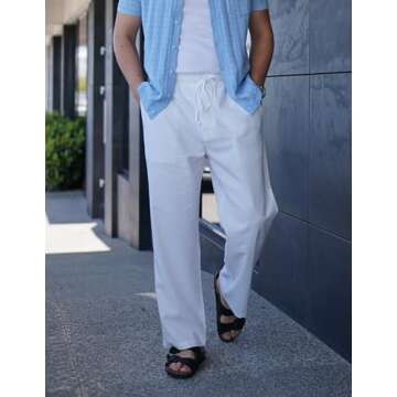 COOFANDY Men Beach Wedding Pants Elastic Waistband Linen Blend Pants Casual Loose Fit Yoga Pants (White, M)