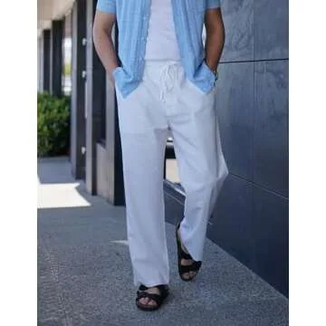 COOFANDY Men Beach Wedding Pants Elastic Waistband Linen Blend Pants Casual Loose Fit Yoga Pants (White, M)