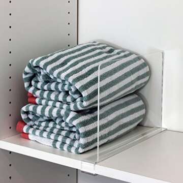 Pack of 2 Clear Acrylic Shelf Dividers for Closets. Closet Shelf Separators, Closet Organizers, Wood Shelves, Base Kitchen Cabinets, and Libraries.