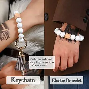 Marble Free Hands Keychain Silicone Key Ring Bracelet for Women Portable Keychain Holder, Car Keychain Elastic Beaded Wristlet Keychains Tassel (Marble)