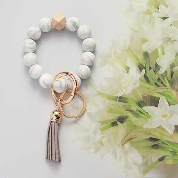 Marble Free Hands Keychain Silicone Key Ring Bracelet for Women Portable Keychain Holder, Car Keychain Elastic Beaded Wristlet Keychains Tassel (Marble)