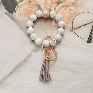 Marble Free Hands Keychain Silicone Key Ring Bracelet for Women Portable Keychain Holder, Car Keychain Elastic Beaded Wristlet Keychains Tassel (Marble)