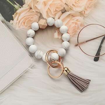 Marble Free Hands Keychain Silicone Key Ring Bracelet for Women Portable Keychain Holder, Car Keychain Elastic Beaded Wristlet Keychains Tassel (Marble)