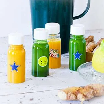 Yumbox Mini Wellness 2oz Juice Bottles with Caps (Pack of 6) Fun Designs, Reusable, Refillable, Recyclable Food Grade Plastic, Ginger Shots, Smoothie bottle, Leakproof caps