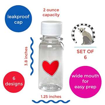 Yumbox Mini Wellness 2oz Juice Bottles with Caps (Pack of 6) Fun Designs, Reusable, Refillable, Recyclable Food Grade Plastic, Ginger Shots, Smoothie bottle, Leakproof caps