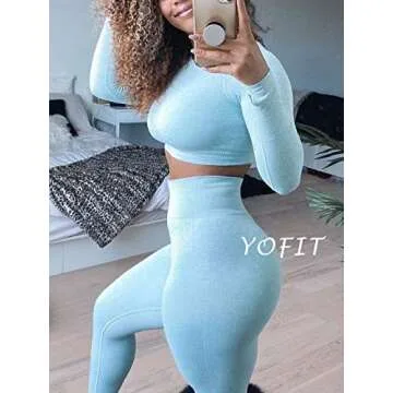 YOFIT Women 2 Piece Outfits Leggings+Long Sleeve Crop Tops Yoga Set Compression Skinny Tights Gym Fi...