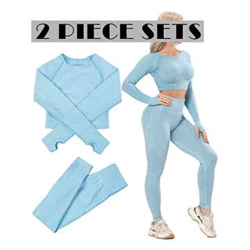 YOFIT Women 2 Piece Outfits Leggings+Long Sleeve Crop Tops Yoga Set Compression Skinny Tights Gym Fitness Pants Exercise Outfits