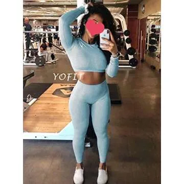 YOFIT Women 2 Piece Outfits Leggings+Long Sleeve Crop Tops Yoga Set Compression Skinny Tights Gym Fitness Pants Exercise Outfits