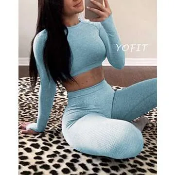 YOFIT Women 2 Piece Outfits Leggings+Long Sleeve Crop Tops Yoga Set Compression Skinny Tights Gym Fitness Pants Exercise Outfits
