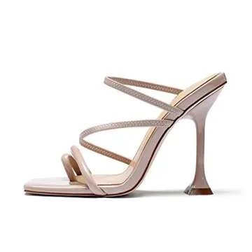 vivianly Women's Toe Ring Strappy Heels Sandals Square Open Toe Sandal Stiletto High Heel Slip on Dress Wedding Party Shoes Nude Size 8