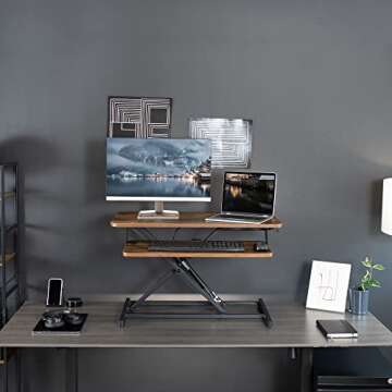 VIVO Height Adjustable 32 inch Stand Up Desk Converter, Quick Sit to Stand Tabletop Dual Monitor Riser Workstation, Rustic Vintage Brown Desktop, Black Frame, DESK-V000SN