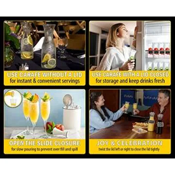 AYL Set of 4 Glass Carafes with Lids (1 Liter) – Clear Glass Water Pitchers and Beverage Serveware for Mimosa Bars, Brunch, Parties, Wine, Juice, Milk, Iced Tea, and Lemonade with Easy-Pour Spout Lids