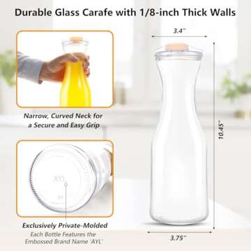 AYL Set of 4 Glass Carafes with Lids (1 Liter) – Clear Glass Water Pitchers and Beverage Serveware for Mimosa Bars, Brunch, Parties, Wine, Juice, Milk, Iced Tea, and Lemonade with Easy-Pour Spout Lids