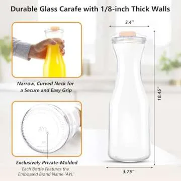 AYL Set of 4 Glass Carafes with Lids (1 Liter) – Clear Glass Water Pitchers and Beverage Serveware for Mimosa Bars, Brunch, Parties, Wine, Juice, Milk, Iced Tea, and Lemonade with Easy-Pour Spout Lids