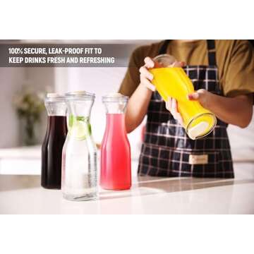 AYL Set of 4 Glass Carafes with Lids (1 Liter) – Clear Glass Water Pitchers and Beverage Serveware for Mimosa Bars, Brunch, Parties, Wine, Juice, Milk, Iced Tea, and Lemonade with Easy-Pour Spout Lids