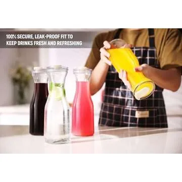 AYL Set of 4 Glass Carafes with Lids (1 Liter) – Clear Glass Water Pitchers and Beverage Serveware for Mimosa Bars, Brunch, Parties, Wine, Juice, Milk, Iced Tea, and Lemonade with Easy-Pour Spout Lids