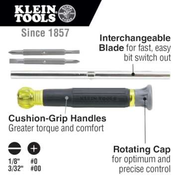 Klein Tools 32581 4-in-1 Electronics Screwdriver Set with 2 Slotted, 2 Phillips Precision Machined B...