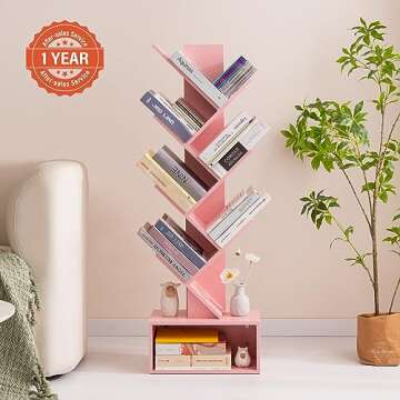 Yoobure Tree Bookshelf - 6 Shelf Retro Floor Standing Bookcase, Tall Wood Book Storage Rack for CDs/...