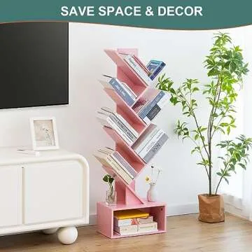 Yoobure Tree Bookshelf - 6 Shelf Retro Floor Standing Bookcase, Tall Wood Book Storage Rack for CDs/Movies/Books, Utility Book Organizer Shelves for Bedroom, Living Room, Home Office Pink