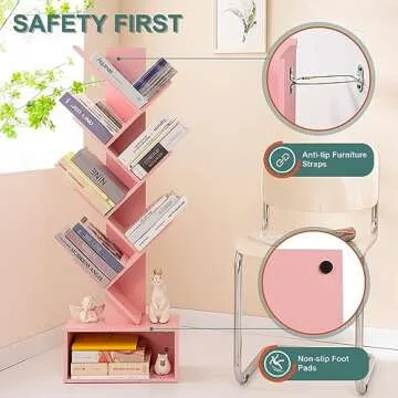 Yoobure Tree Bookshelf - 6 Shelf Retro Floor Standing Bookcase, Tall Wood Book Storage Rack for CDs/Movies/Books, Utility Book Organizer Shelves for Bedroom, Living Room, Home Office Pink