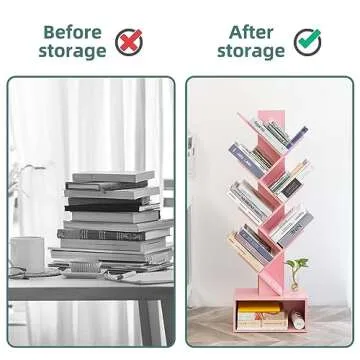 Yoobure Tree Bookshelf - 6 Shelf Retro Floor Standing Bookcase, Tall Wood Book Storage Rack for CDs/Movies/Books, Utility Book Organizer Shelves for Bedroom, Living Room, Home Office Pink
