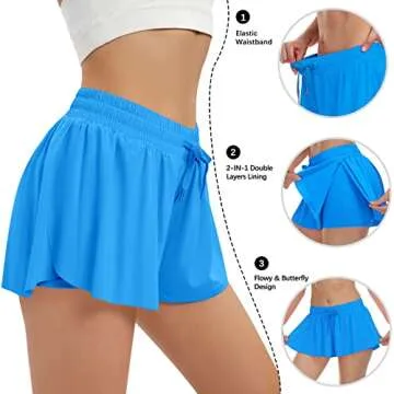 Womens 2 in 1 Flowy Athletic Shorts with Pocket Butterfly Running Workout Shorts Sweat Spandex Lounge Gym Yoga Summer Skirts (Blue,Large)