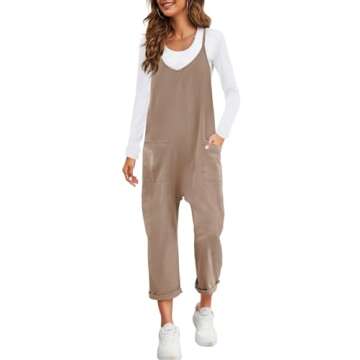 Nirovien Womens Oversized Sleeveless Jumpsuits Loose Spaghetti Strap Baggy Overalls with Pockets Casual One Piece Rompers(Light Coffee,M)