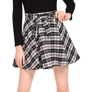 Milumia Women Plaid Mini Skater Skirts Cheerleader Pleated A Line Skirts with Belt Black