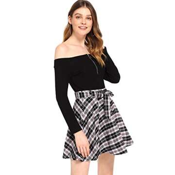 Milumia Women Plaid Mini Skater Skirts Cheerleader Pleated A Line Skirts with Belt Black