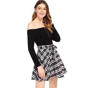 Milumia Women Plaid Mini Skater Skirts Cheerleader Pleated A Line Skirts with Belt Black