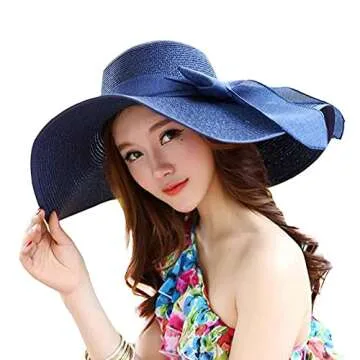 Women's Folable Floppy Hat,Wide Brim Sun Protection Straw Hat, Summer UV Protection Beach Cap(Navy Blue)