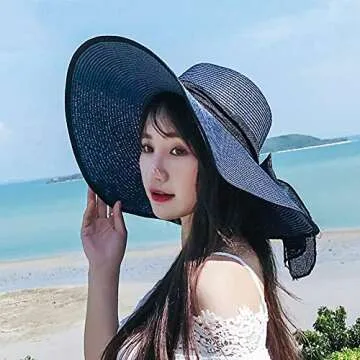 Women's Folable Floppy Hat,Wide Brim Sun Protection Straw Hat, Summer UV Protection Beach Cap(Navy Blue)