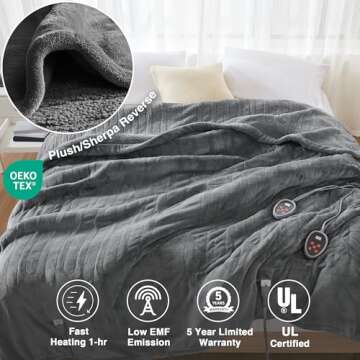 Beautyrest Heated Blanket, Electric Blanket, Soft, Warm, Reversible Plush - Sherpa Heating Blanket with 20 Heat Settings, 1-10 hrs Timer Auto Shut Off, Machine Washable, King (90 inx100 in), Grey