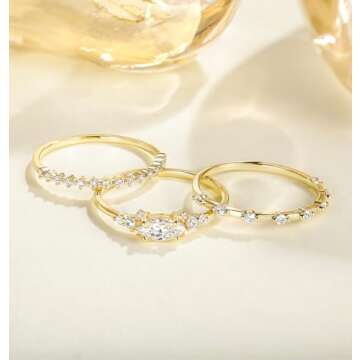 TIGRADE 1.5mm 14K Gold Plated Stacking Rings for Women Fashion Knuckle Thin Gold Ring Marquise & Round Cubic Zirconia Statement Ring Size 3-13, 3PCS, Size 5.5