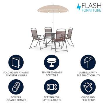 Flash Furniture Nantucket 6-Piece Patio Dining Set with Glass Table, 4 Folding Chairs, and Umbrella,...