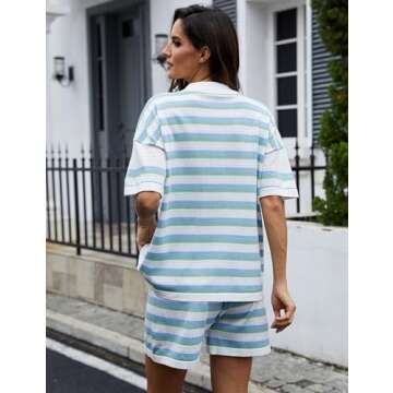 TAQCUX Crochet Short Sets 2 Two Piece for Women Striped Knit Button Top and Shorts Matching Sets Summer(BlueGreen-L)